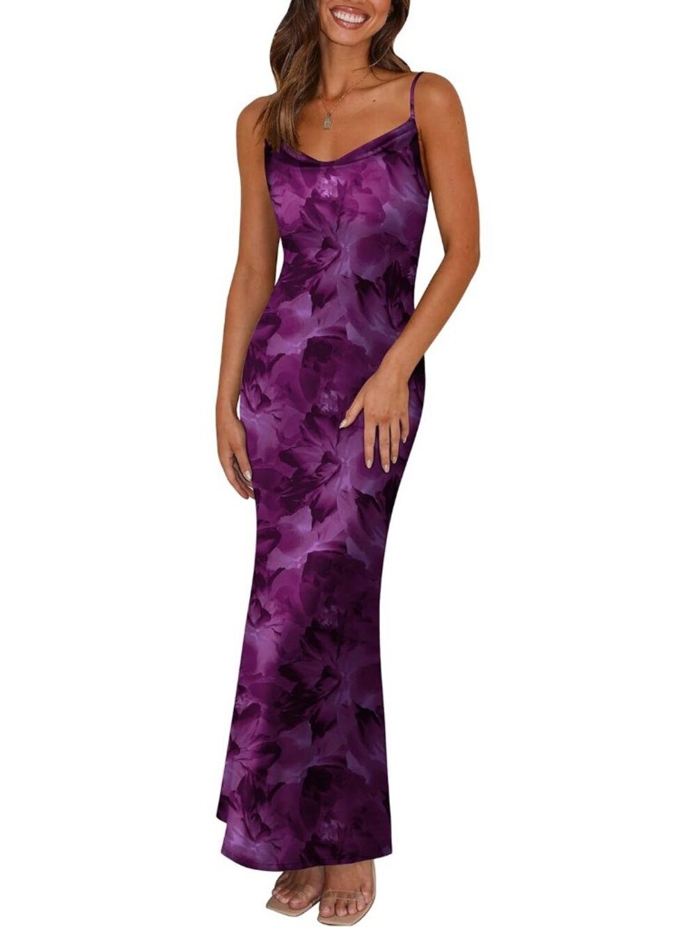 Women's Purple Floral Maxi Bodycon Spaghetti Strap Backless Summer Slip Dress